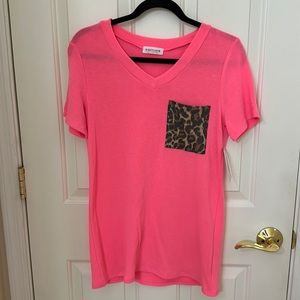 NWT First Love by Lovelyn pink tee w/ leopard pocket. Size small.
